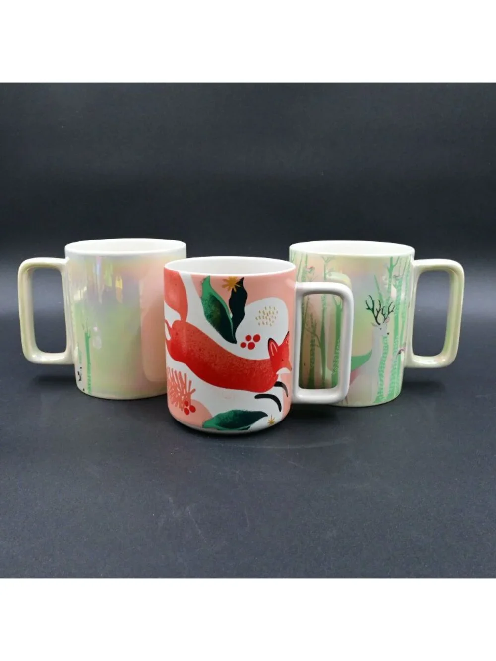 Starbucks Mug Set Holiday Red Fox & Iridescent Green Woodland Forest Coffee